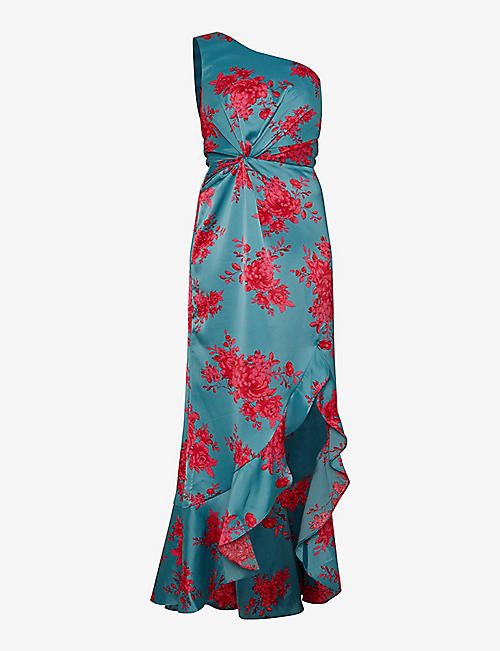 CHI CHI LONDON: One-shoulder floral-print satin midi dress