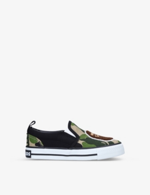 A BATHING APE: Camo Ape Head canvas slip-on trainers 0-12 months