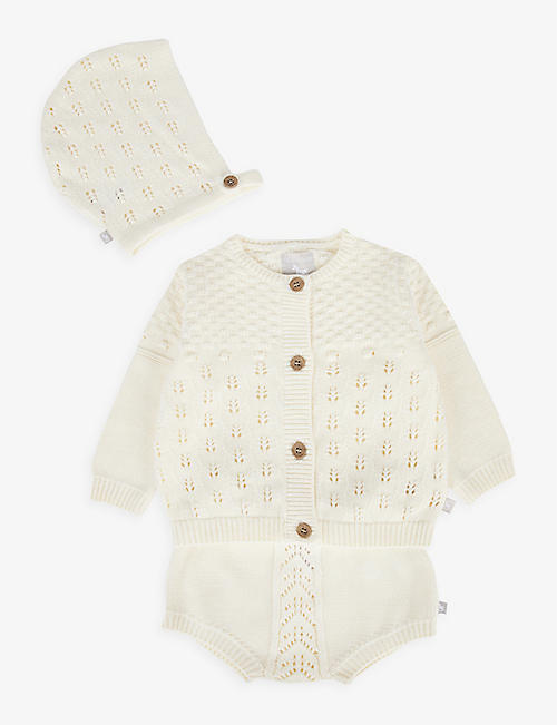 THE LITTLE TAILOR: Cotton-knit cardigan and bonnet three-piece-set 3-12 months