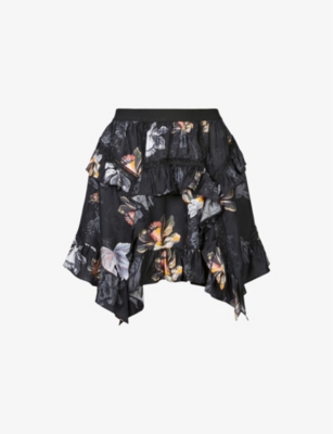 Allsaints Reese Lilly Floral Satin Miniskirt In Blue Black