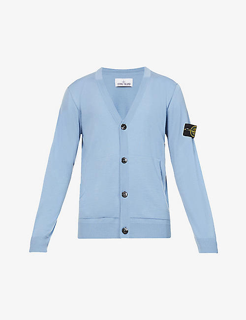 STONE ISLAND: Logo-badge V-neck relaxed-fit wool-knit cardigan