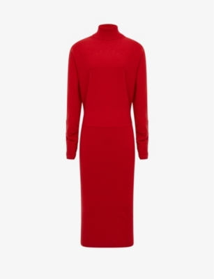 Reiss Womens Red Fallon Roll Neck Knitted Midi Dress