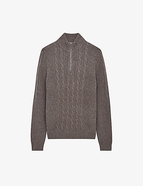 REISS: Rosso half-zip cable-knit wool-blend jumper