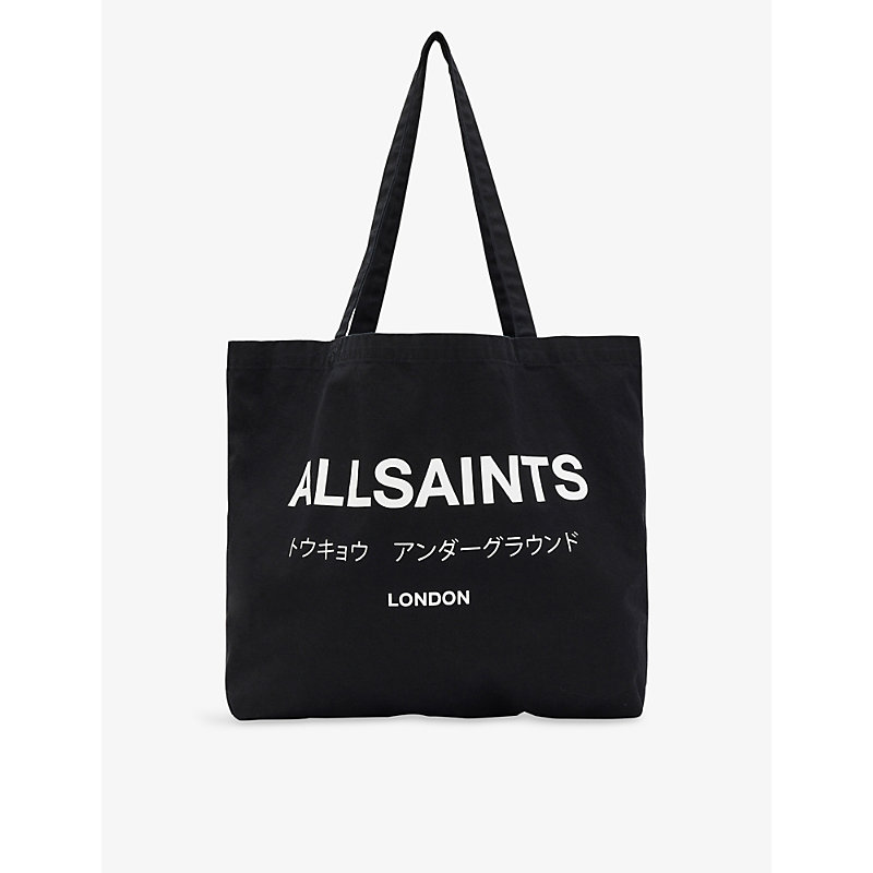 Allsaints Black/chalk Underground Logo-print Cotton-canvas Tote Bag In Orange