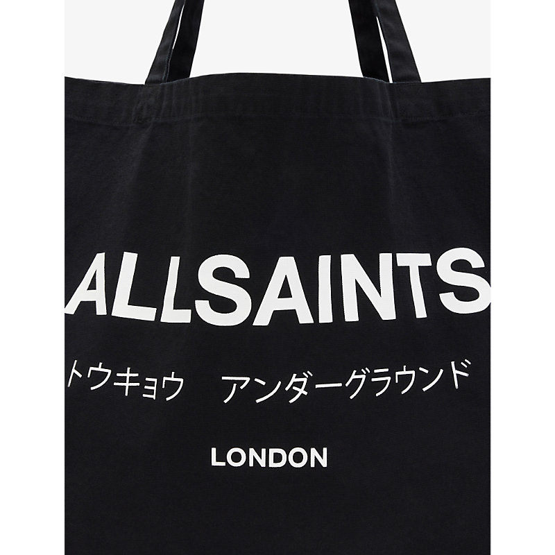 Shop Allsaints Black/chalk Underground Logo-print Cotton-canvas Tote Bag
