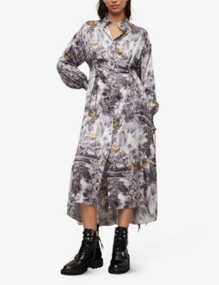 Shop Allsaints Women's Grey Floral-print Woven Maxi Dress