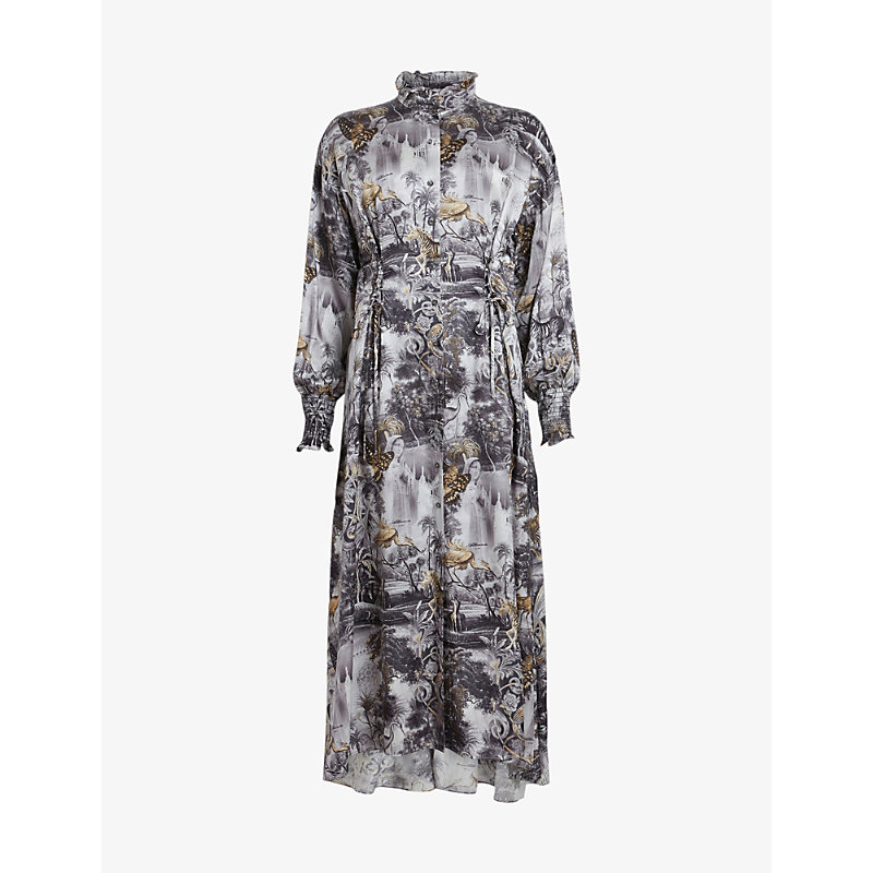 Allsaints Womens Grey Floral-print Woven Maxi Dress