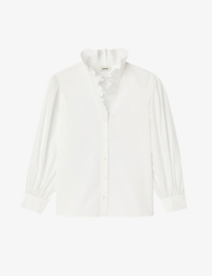 Shop Sandro Women's Naturels Ruffled-collar Organic-cotton Shirt In White