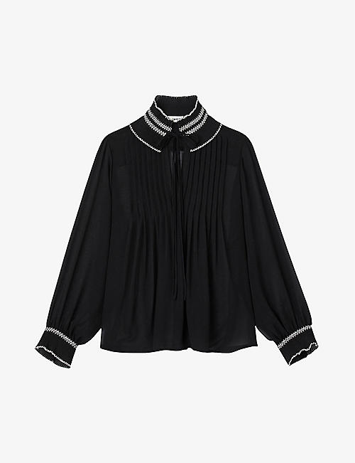 SANDRO: Frilled-neck pleated chiffon blouse