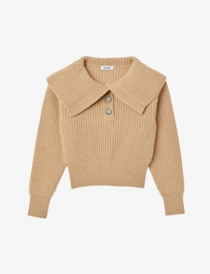 SANDRO SANDRO WOMENS NATURELS NADOR OVERSIZED-COLLAR RIBBED WOOL-KNIT JUMPER,57936117