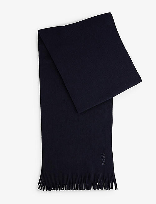 BOSS: Logo-embroidered fringe wool scarf