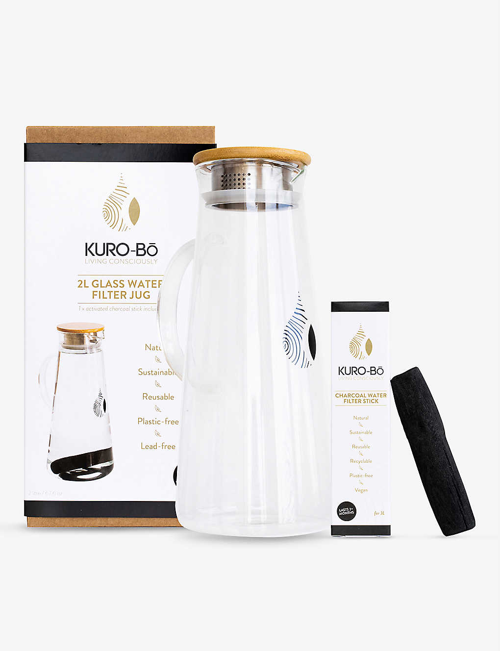Kuro-bo Charcoal-filter Glass Jug 2l In Clear