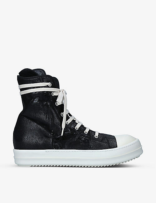 DRKSHDW: Distressed canvas high-top trainers