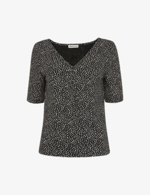 Whistles Ink Leopard-print Ruched Woven T-shirt In Black