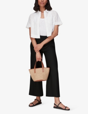Shop Whistles Women's Black Wide-leg Elasticated-waist Cropped Linen Trousers