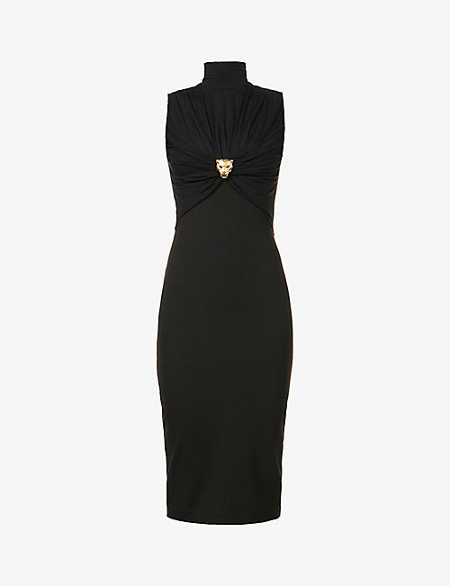 ROBERTO CAVALLI: Brand-embellished fitted stretch-woven midi dress