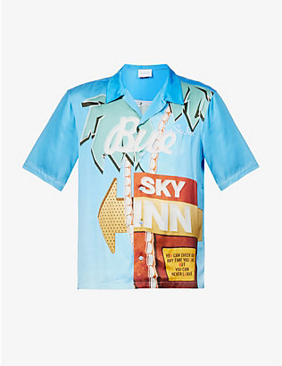 BLUE SKY INN: Brand-embroidered motel-print relaxed-fit satin shirt