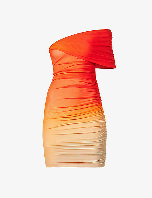 MUGLER: Gradient-print asymmetric-hem stretch-mesh mini dress
