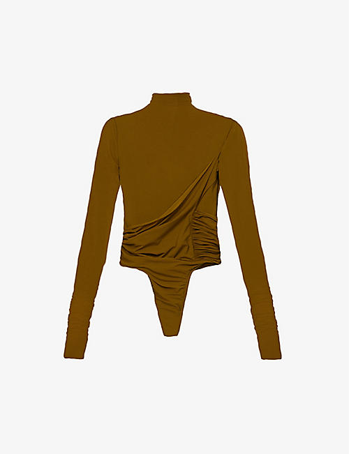 MUGLER: Turtleneck mesh-panel stretch-woven bodysuit
