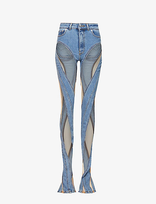 MUGLER: Sheer-panel skinny mid-rise stretch-denim jeans