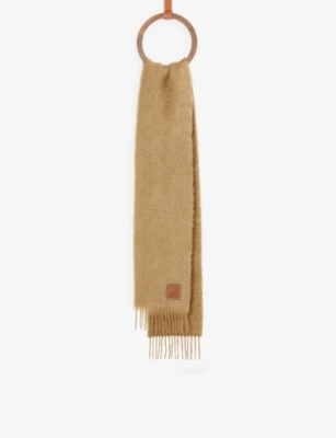 Shop Loewe Womens Anagram Logo Patch Mohair Wool Blend Scarf Camel