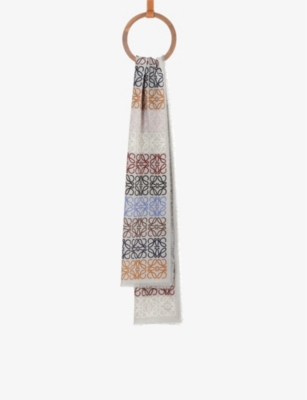 Loewe Fringed Printed Wool, Silk And Cashmere-blend Scarf In Grey/multi
