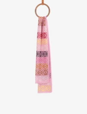 Loewe Fringed Printed Wool, Silk And Cashmere-blend Scarf In Pink/multi