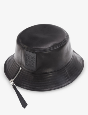 Loewe Mens Black Fisherman Brand-tab Leather Bucket Hat In Black