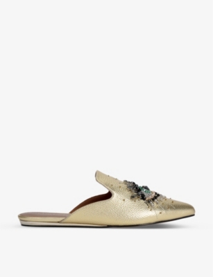 Kurt Geiger Olive Embellished Metallic Leather Mules In Gold