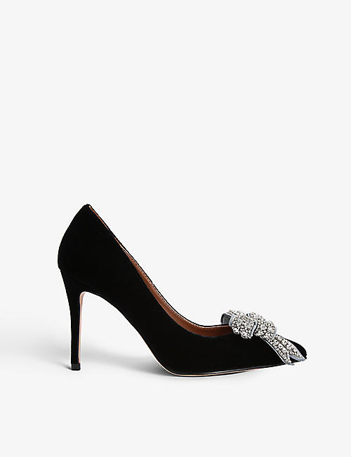 KURT GEIGER LONDON: Belgravia Bow crystal-embellished velvet court heels