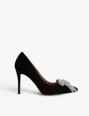 Kurt Geiger London Womens Black Belgravia Bow Crystal-embellished Velvet Court Heels