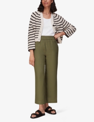 Shop Whistles Women's Khaki/olive Cropped Wide-leg Mid-rise Linen Trousers In Green