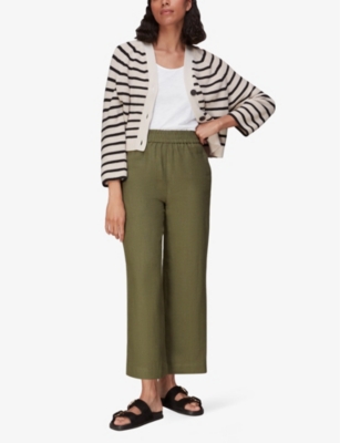Whistles Cropped Wide-leg Mid-rise Linen Trousers In Green