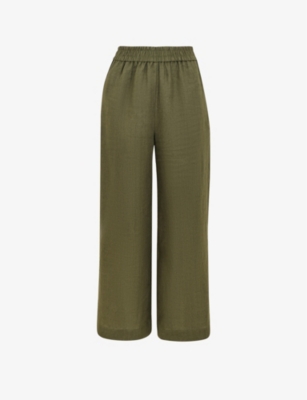 Whistles Cropped Wide-leg Mid-rise Linen Trousers In Khaki