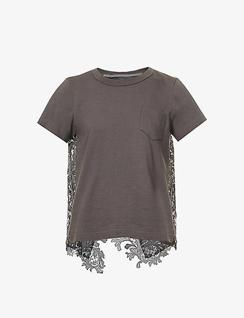 SACAI: Embroidered-back cotton-jersey T-shirt