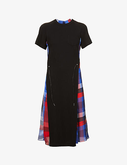SACAI：休闲版型格纹平纹针织棉中长连衣裙