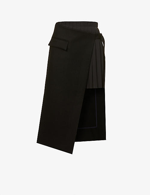 SACAI: Pleated wrap-over high-rise regular-fit midi skirt