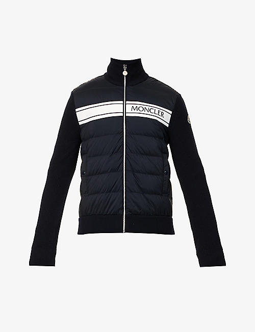 MONCLER: Brand-print funnel-neck padded shell and virgin wool jacket
