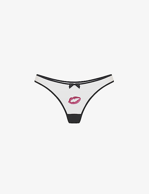 AGENT PROVOCATEUR: Lotie kiss-embroidered high-rise mesh thong