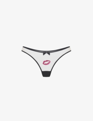 AGENT PROVOCATEUR Lotie kiss-embroidered high-rise mesh thong