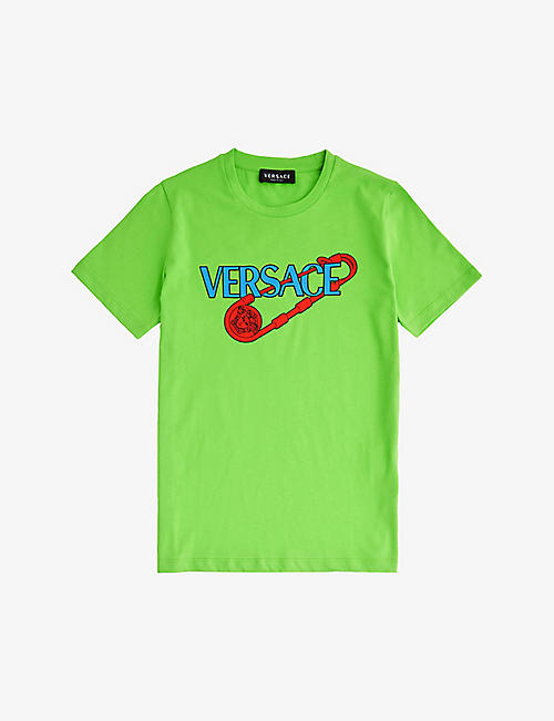 VERSACE: Safety Pin graphic-print cotton-jersey T-shirt 6-14 years