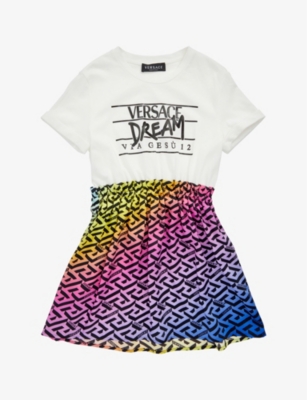 Versace Kids' Barocco Logo-print Cotton-jersey Dress 4-14 Years In Bianco+multi