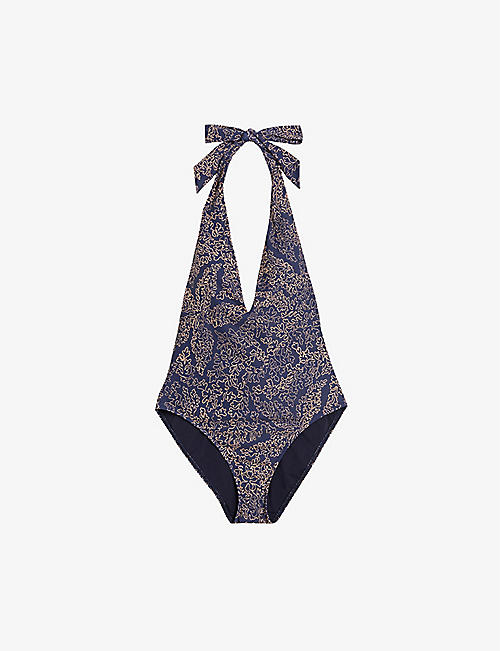 TED BAKER: Dainah starfish-print recycled polyamide-blend neck swimsuit