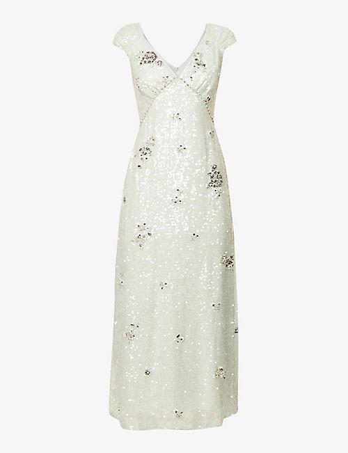 ERDEM: Garnet floral crystal-embellished woven midi dress