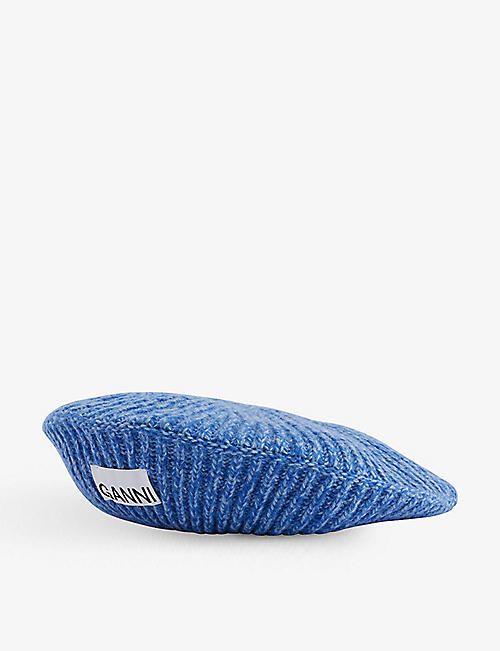 GANNI: Logo-patch ribbed wool, recycled-wool and recycled-polyamide blend beret