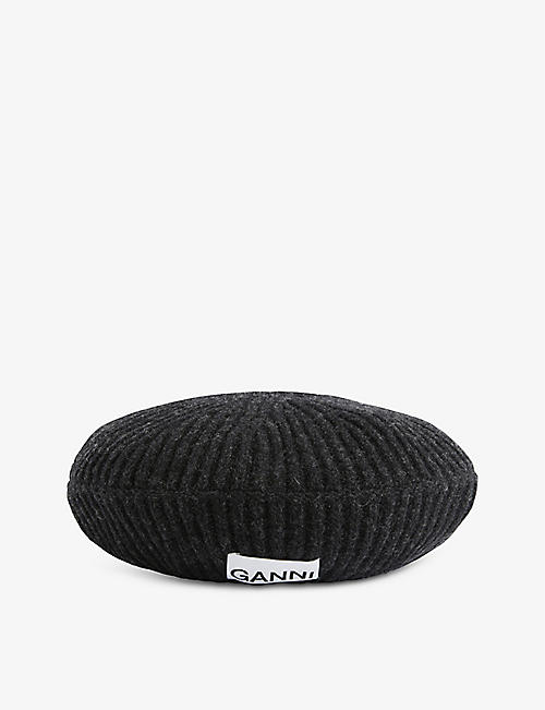 GANNI: Logo-patch ribbed wool, recycled-wool and recycled-polyamide blend beret