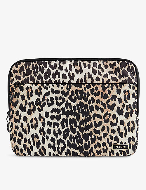 GANNI: Leopard-print recycled-polyester laptop case