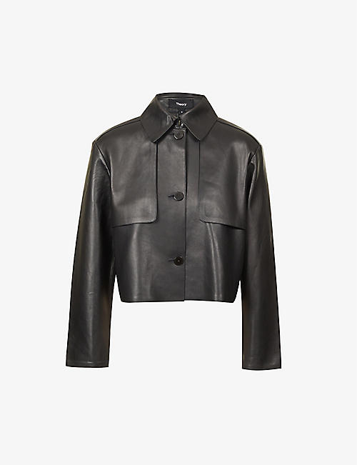 THEORY: Collar-detail cropped-length leather trench