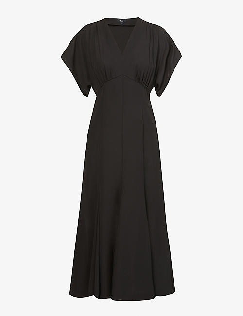 THEORY: Godet V-neck recycled-polyester midi dress