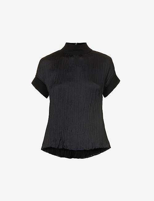 VINCE: Pleated mock-neck satin top